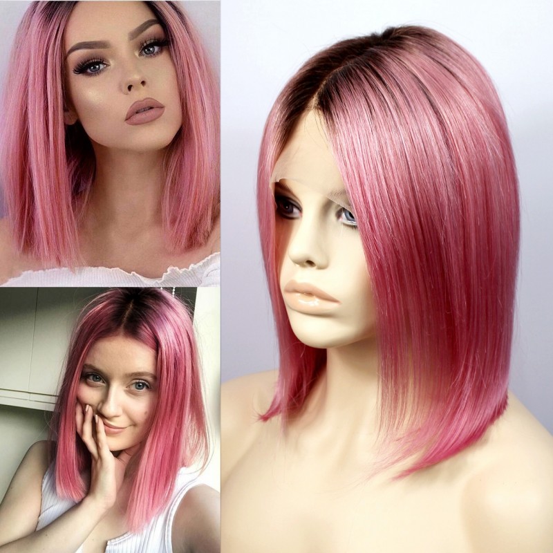 Wiwigs Remy Human12 Bob Hot Pink Dip Dye Ombre Black Hair Lace Front Ladies Wigs