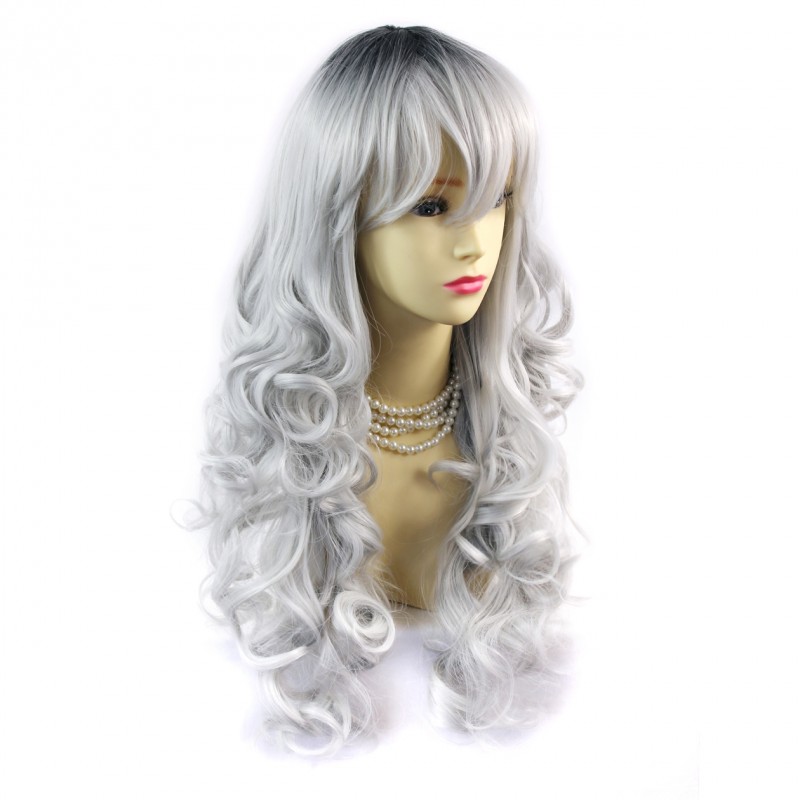 Wiwigs - Wiwigs ® Romantic Long Curly Wig Grey & Off Black Dip-Dye Ombre Hair  UK