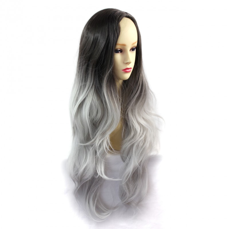 Wiwigs - Wiwigs ® Gorgeous Long Wavy Wig Grey & Medium Brown Dip-Dye Ombre  Hair UK