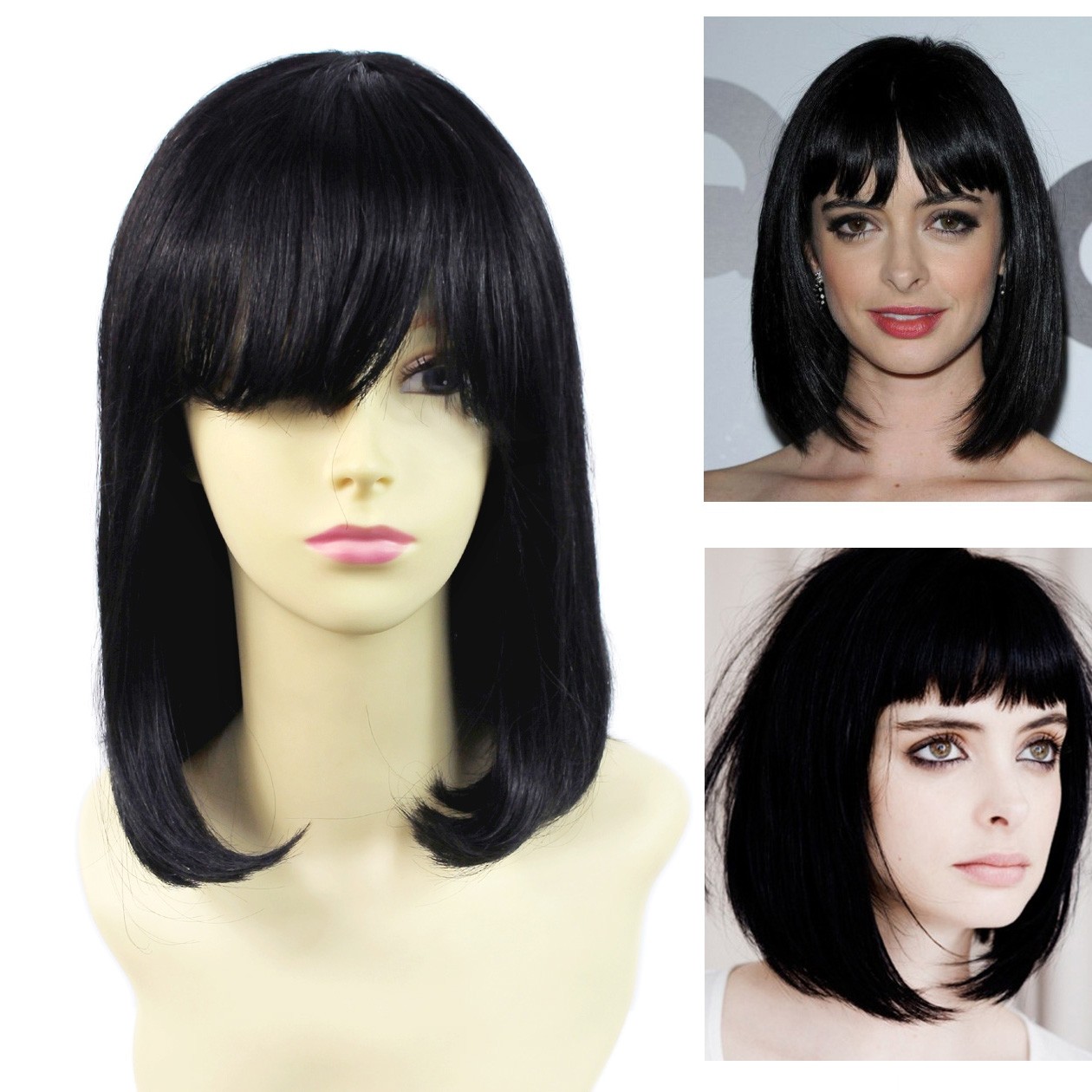 Wiwigs Remy Human Hair Straight Bob Heat Resistant Hair With Fringe Black Ladies Wigs