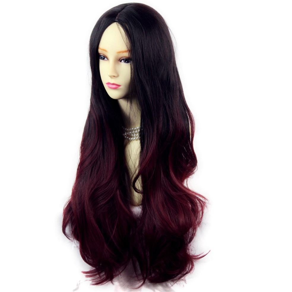 Wiwigs - Long Wavy Lady Wigs Black Brown & Burgundy Dip-Dye Ombre hair  WIWIGS
