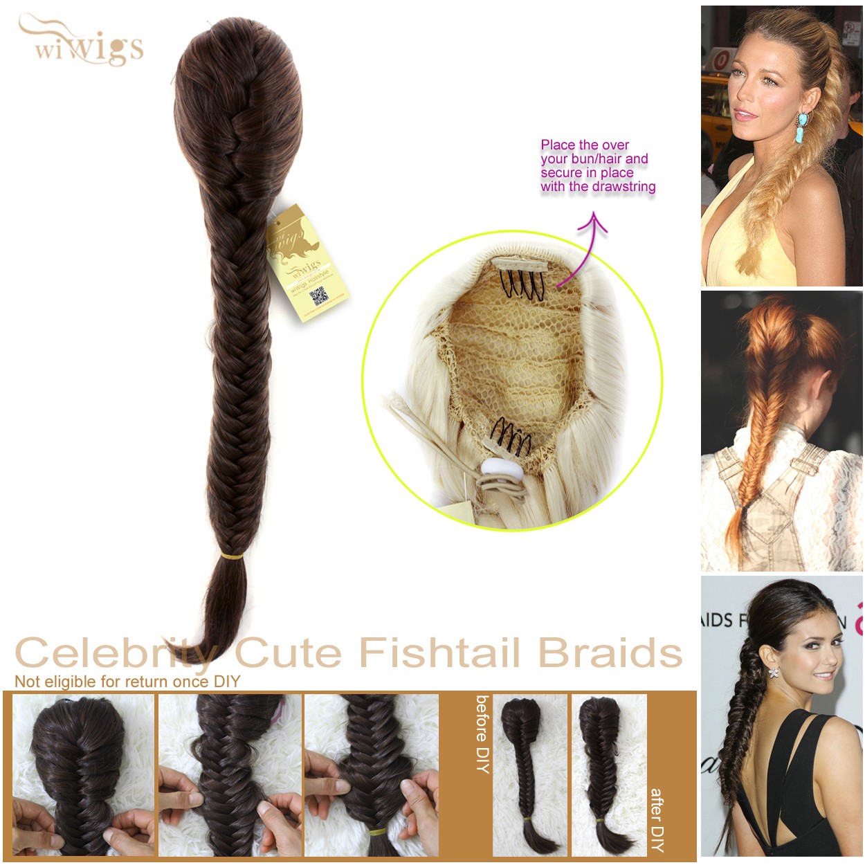 Wiwigs - Celebrity Cute Medium Brown Auburn Mix Fishtail Braids clip in  Ponytail Plaited Hair Extensions DIY