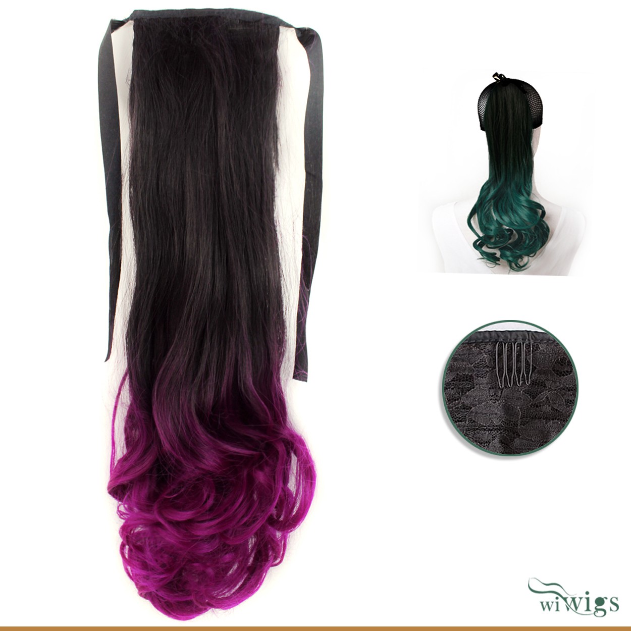 Wiwigs - Black Brown & Purple Red Dip-Dye Ombre Hairpiece Ponytail  Extension UK