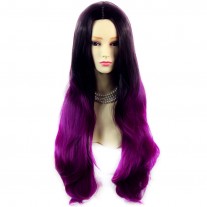 Long Wavy Lady Wigs Black Brown & Purple Red Dip-Dye Ombre hair WIWIGS