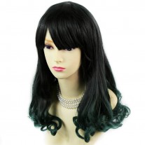 Bouncy Lovely Black Brown & Green Long Curly Lady Wigs Dip-Dye Ombre hair WIWIGS.