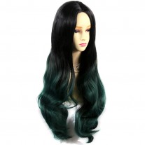 Long Wavy Lady Wigs Black Brown & Green Dip-Dye Ombre hair WIWIGS