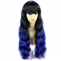 Wonderful Wavy Black Brown & Blue Long Lady Wigs Dip-Dye Ombre hair WIWIGS.