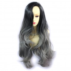 Wiwigs ® Gorgeous Long Wavy Wig Grey & Off Black Dip-Dye Ombre Hair UK