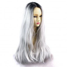 Wiwigs ® Fabulous Long Straight Wig Grey & Off Black Dip-Dye Ombre Hair UK