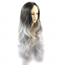 Wiwigs ® Gorgeous Long Wavy Wig Grey & Medium Brown Dip-Dye Ombre Hair UK