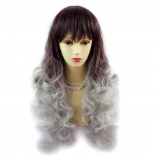 Wiwigs ® Romantic Long Curly Wig Grey & Dark Auburn Dip-Dye Ombre Hair UK