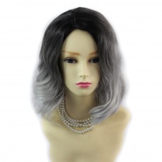 Wiwigs ® Lovely Short Wavy Wig Grey & Medium Brown Dip-Dye Ombre Hair UK