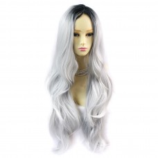 Wiwigs ® Gorgeous Long Wavy Wig Grey & Off Black Dip-Dye Ombre Hair UK