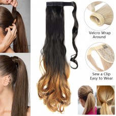 Black Brown &Auburn Dip-Dye Ombre Wavy Hairpiece Ponytail Extension UK